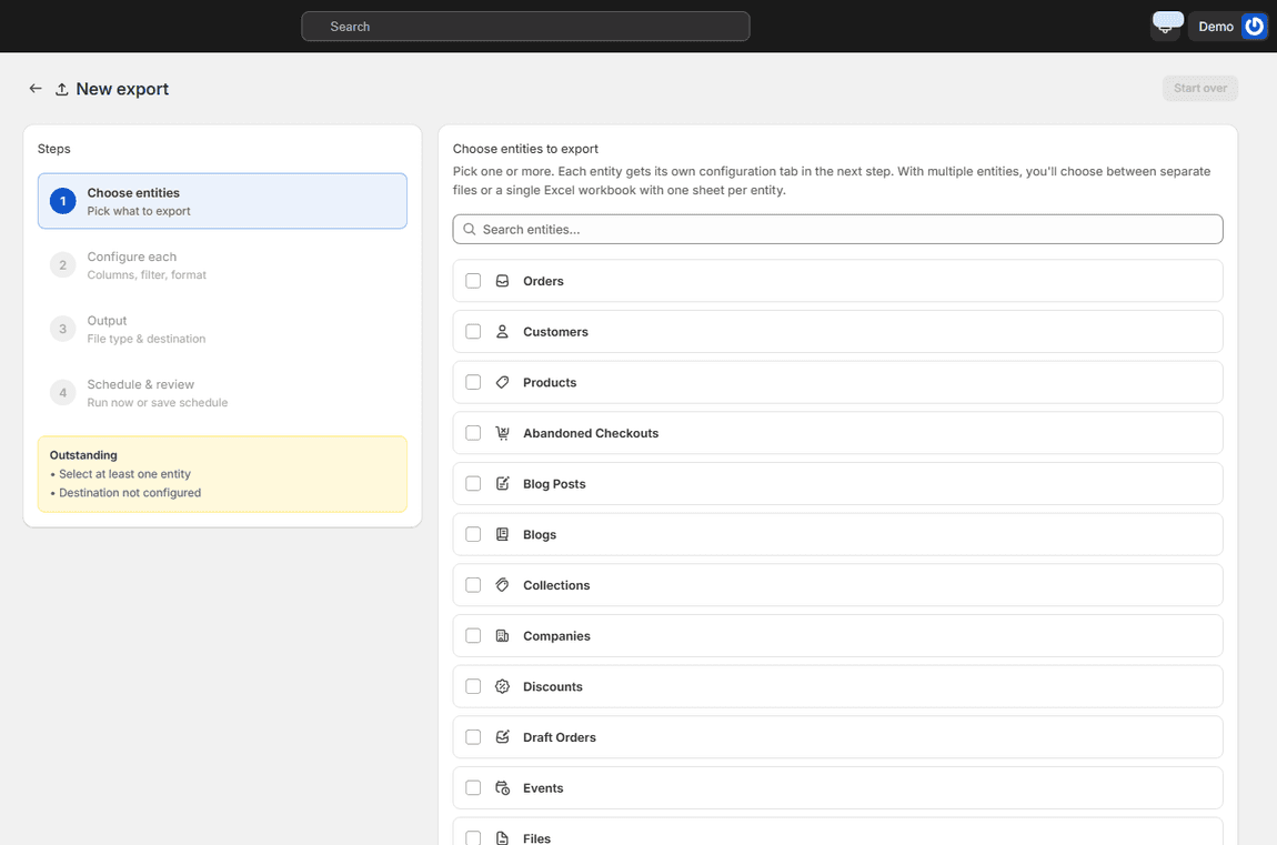 Export wizard step one with the list of entities to export, orders and customers first