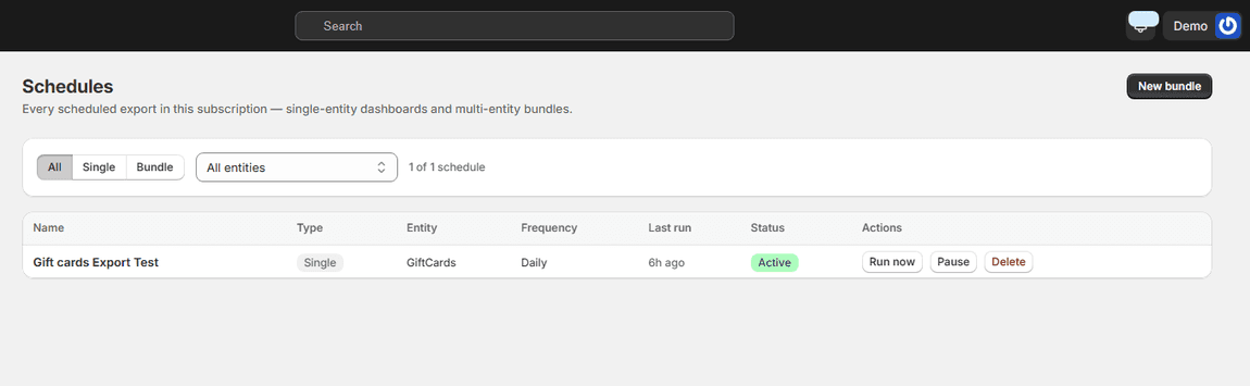 The Schedules page listing a recurring job with its frequency, last run and status
