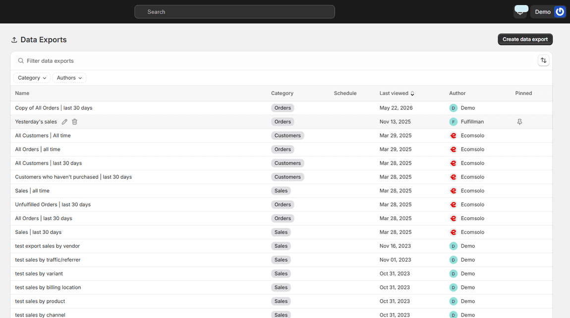 The exports list with past exports, their entity, status and download links