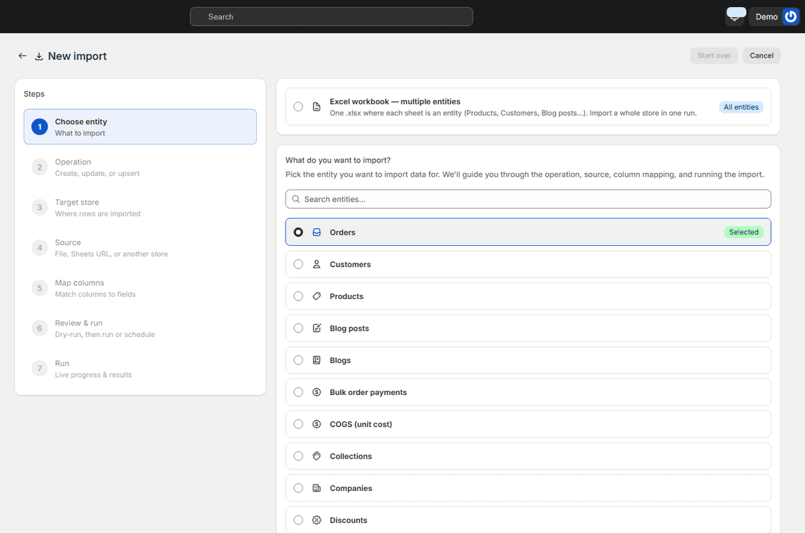 Import wizard step one with the list of entities, Products selected