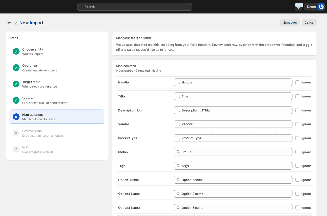 Map columns step with every source column auto-matched to its field and nothing unmapped