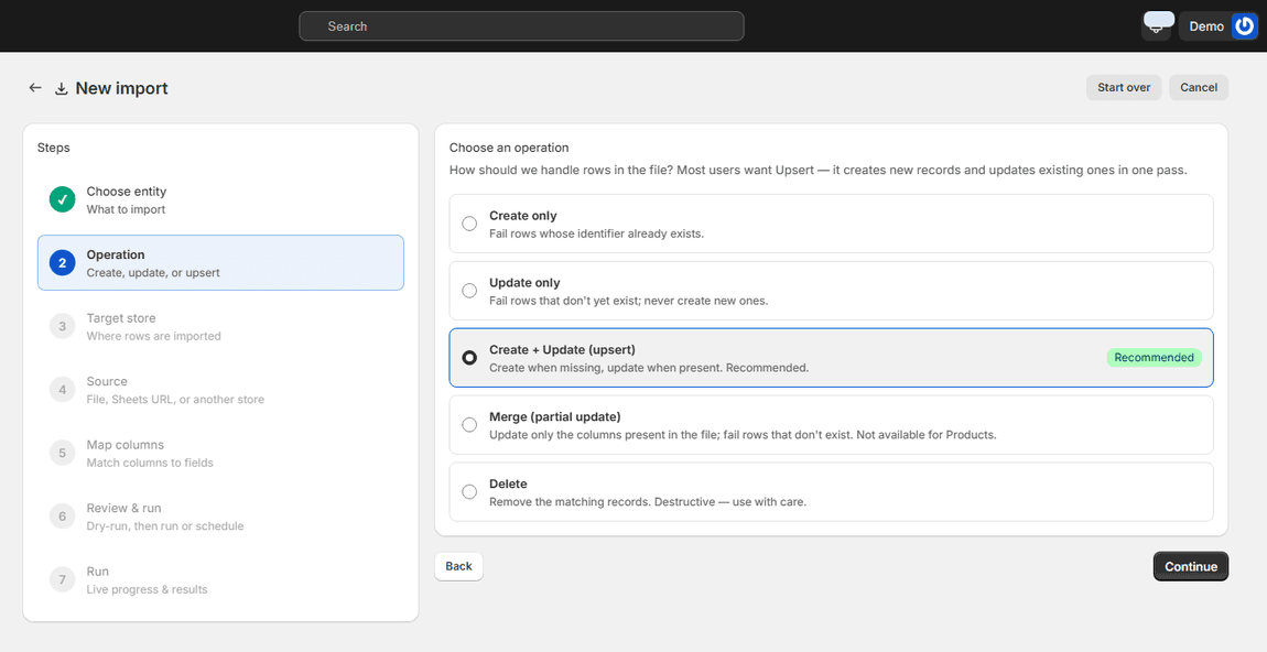Import wizard operation step with create, update, upsert, merge and delete options