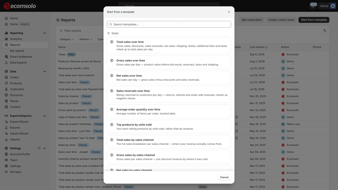 The Start-from-a-template gallery with sales report templates and their descriptions