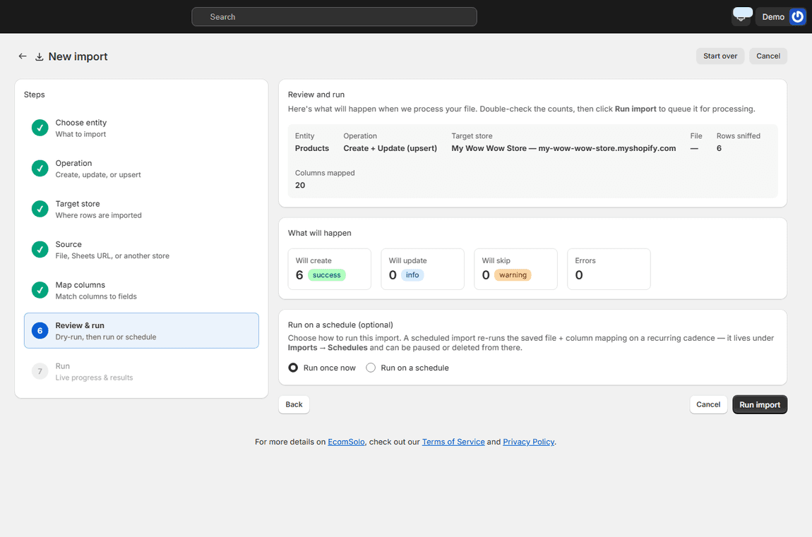 Review and run step showing the dry-run outcome per row before committing the import
