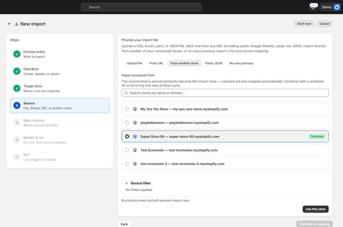 Source step with a source store selected, the source filter, and the count of products that will become import rows