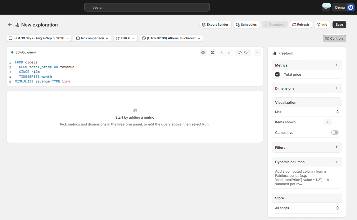 The exploration editor with a SoloQL query and the Freeform panel for metrics, dimensions and visualization
