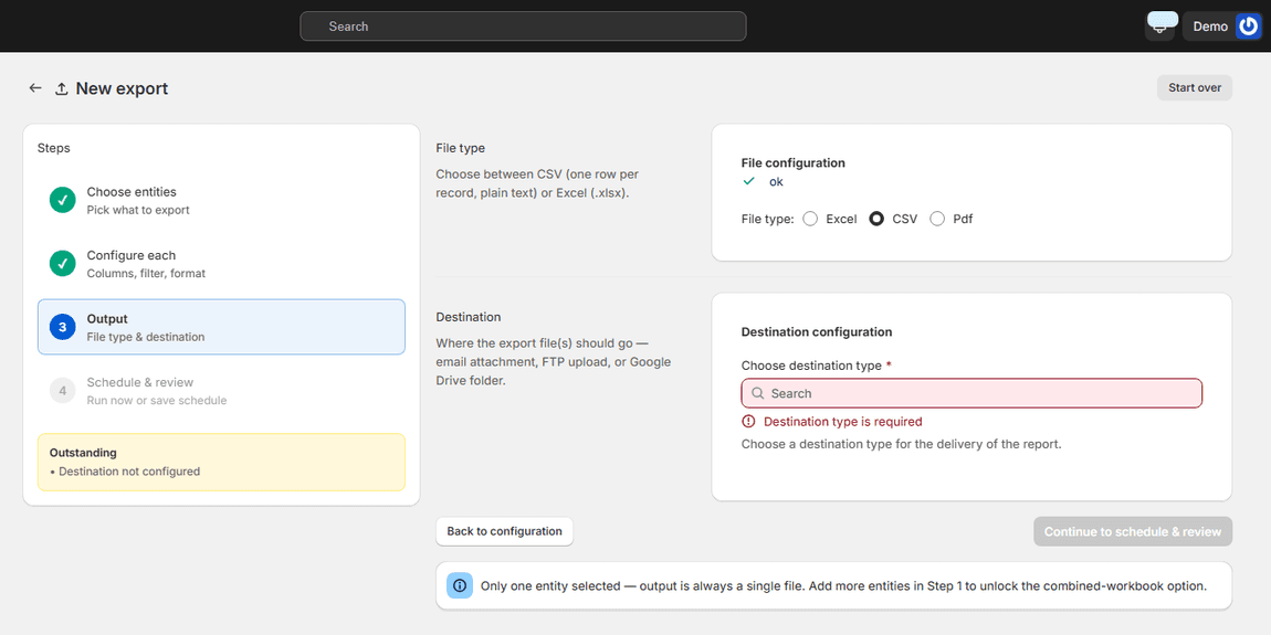 Export wizard: choose CSV, Excel or PDF and deliver the file to email, FTP or Google Drive