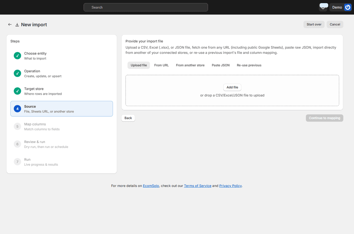Import wizard source step with upload file, from URL, from another store, paste JSON and re-use previous