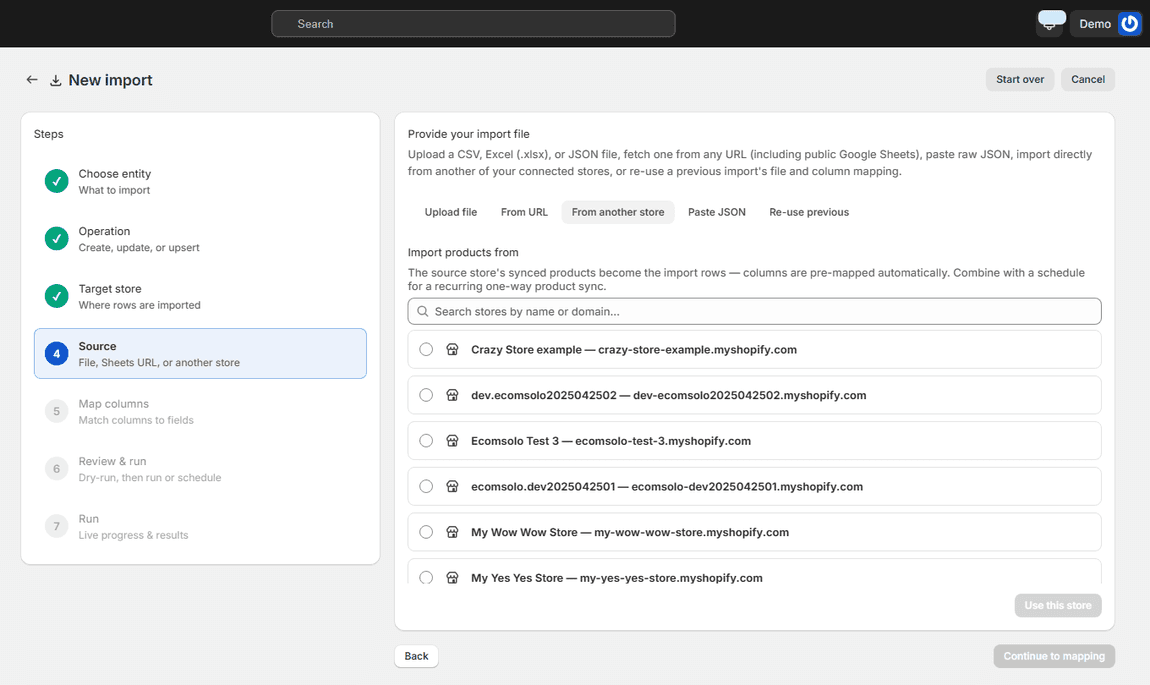 Import wizard: choose another of your connected stores as the source and copy products across